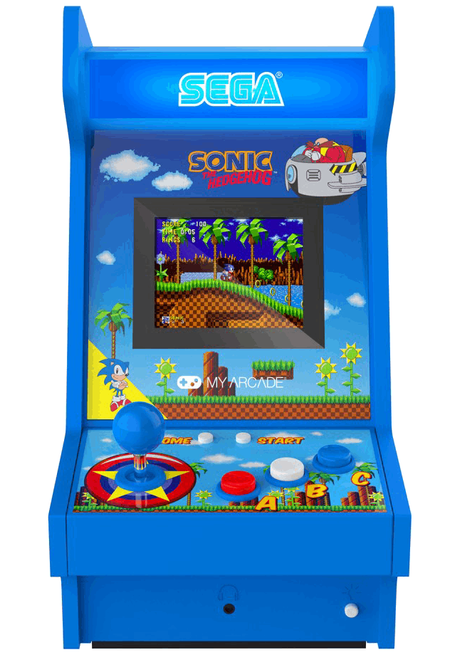Una máquina arcade azul de Sonic the Hedgehog con joystick y botones.