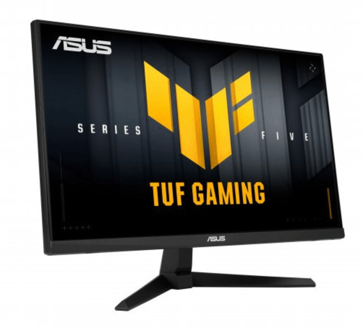 Monitor ASUS TUF Gaming negro con logo amarillo en pantalla.