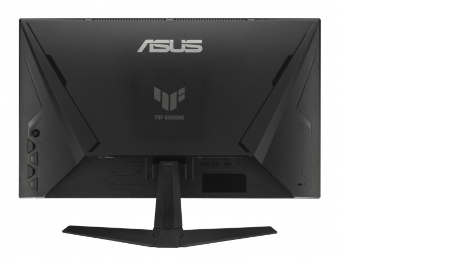 Parte trasera de un monitor Asus TUF Gaming negro con soporte, sobre fondo blanco.