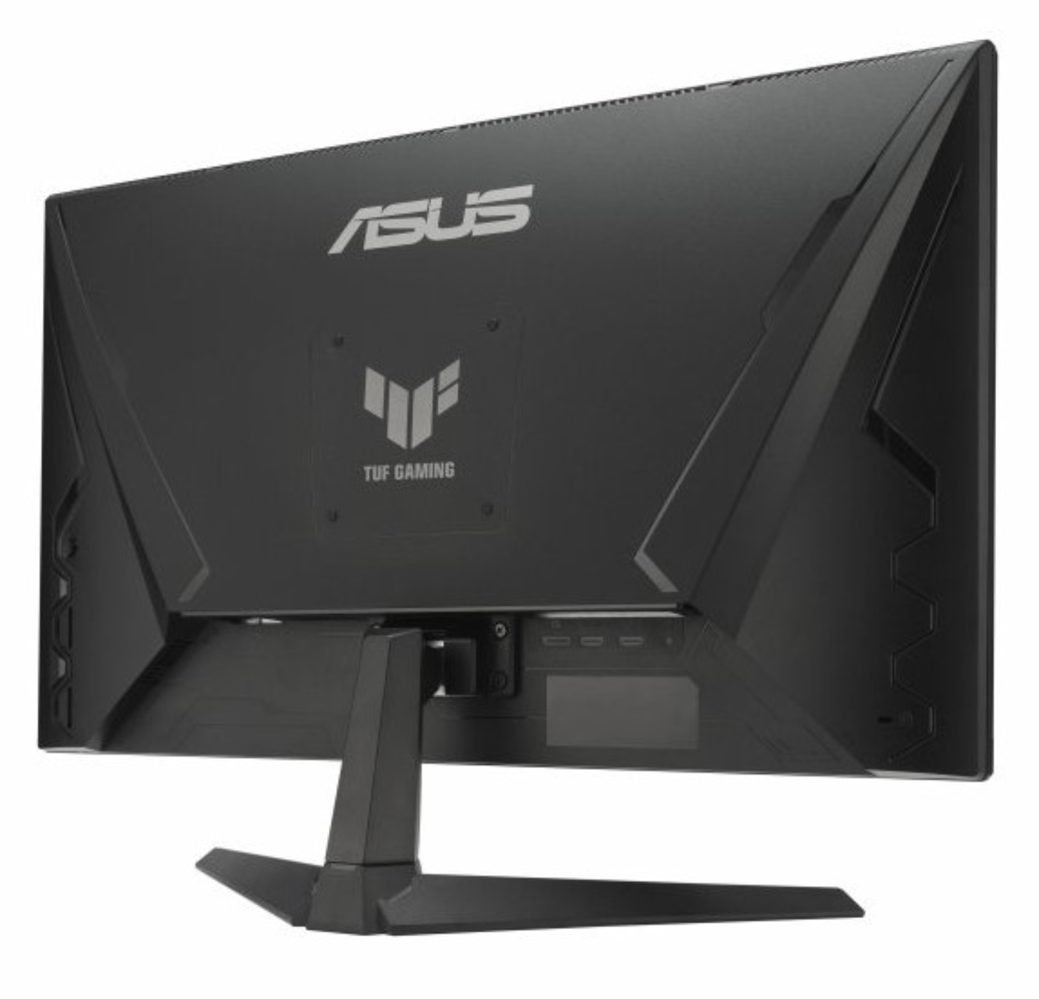 Vista trasera de un monitor gaming Asus negro con logo plateado y puertos.