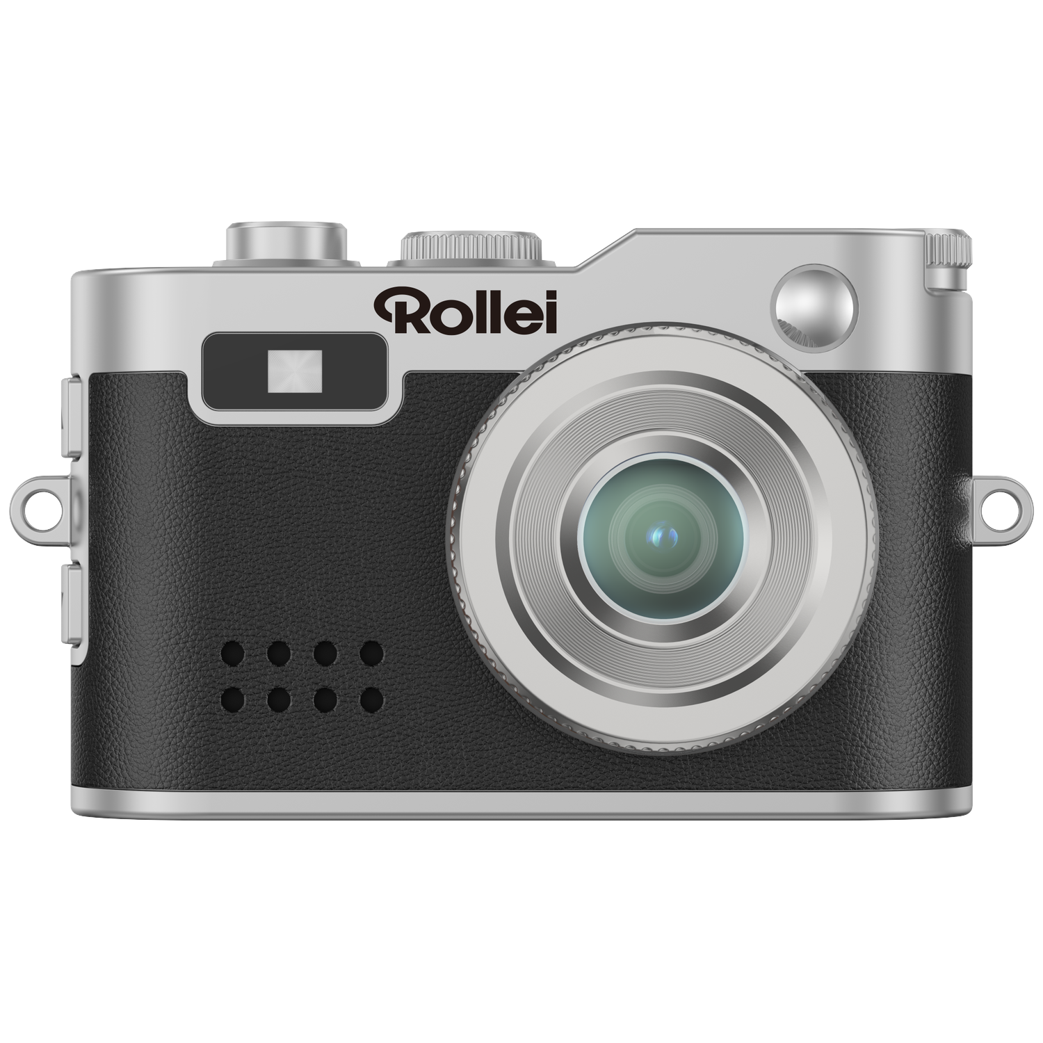Een zilveren en zwarte Rollei camera met een grote lens.