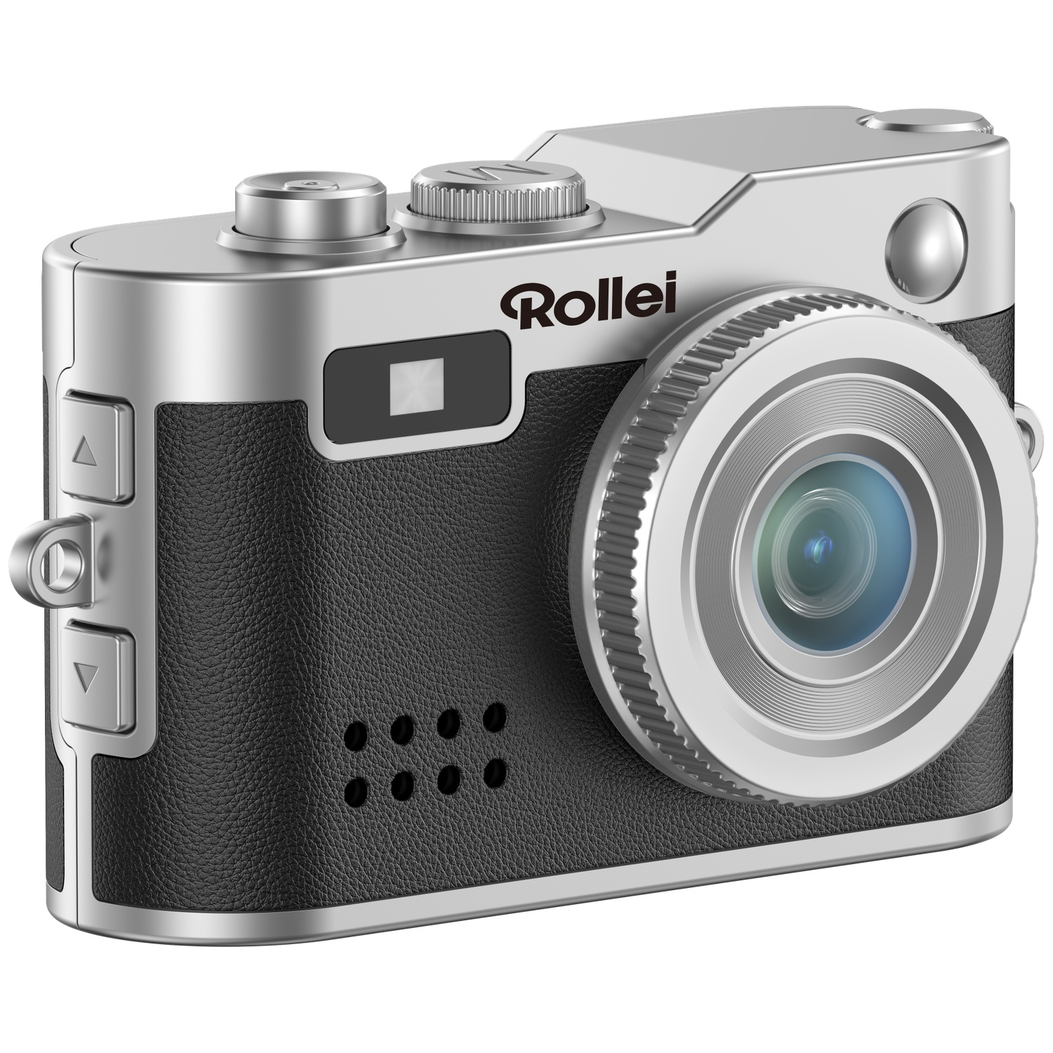 Zilveren Rollei camera met zwart lederlook en lens.