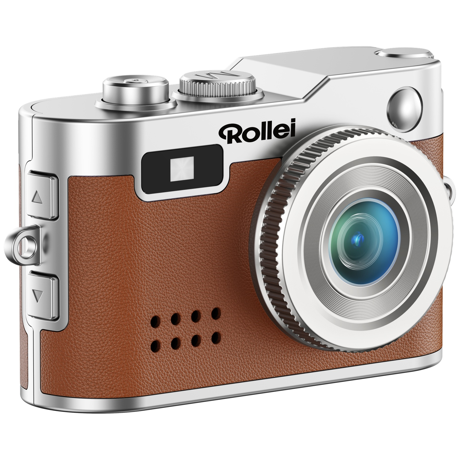 Een zilveren en bruine camera met lens, flitser en bedieningsknoppen.