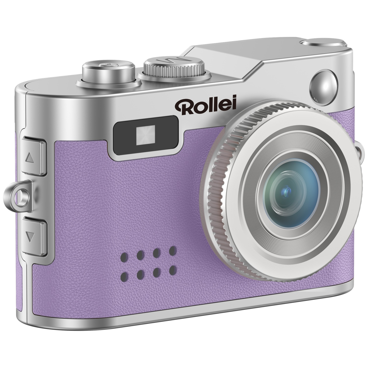 Un appareil photo numérique violet aux accents argentés sur fond blanc.