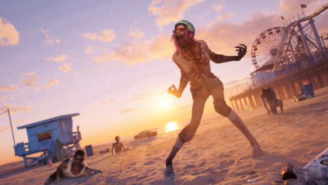 Zombies am Strand bei Sonnenuntergang mit Riesenrad.