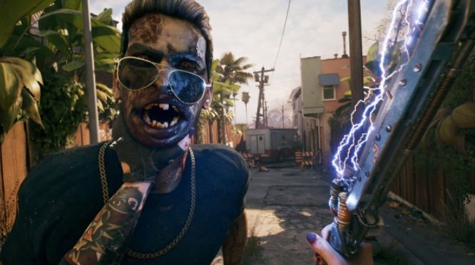 Ein Zombie mit Sonnenbrille und Tattoos starrt in die Kamera, während ein elektrisches Gewehr aufgeladen wird.