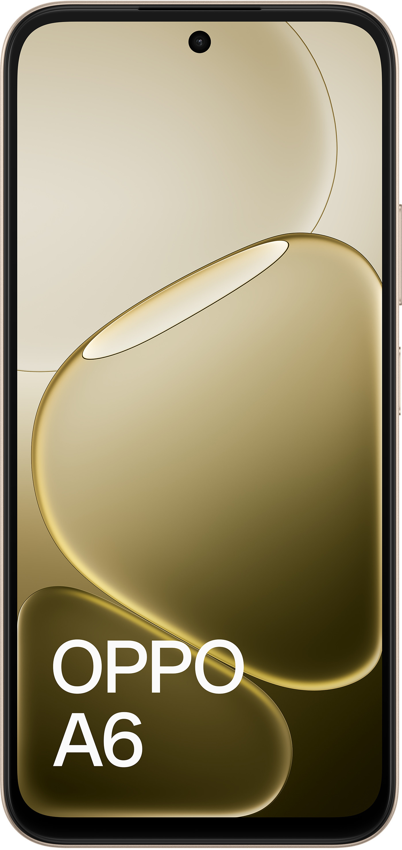 Złoty smartfon OPPO A6 ze stylizowanym tłem.