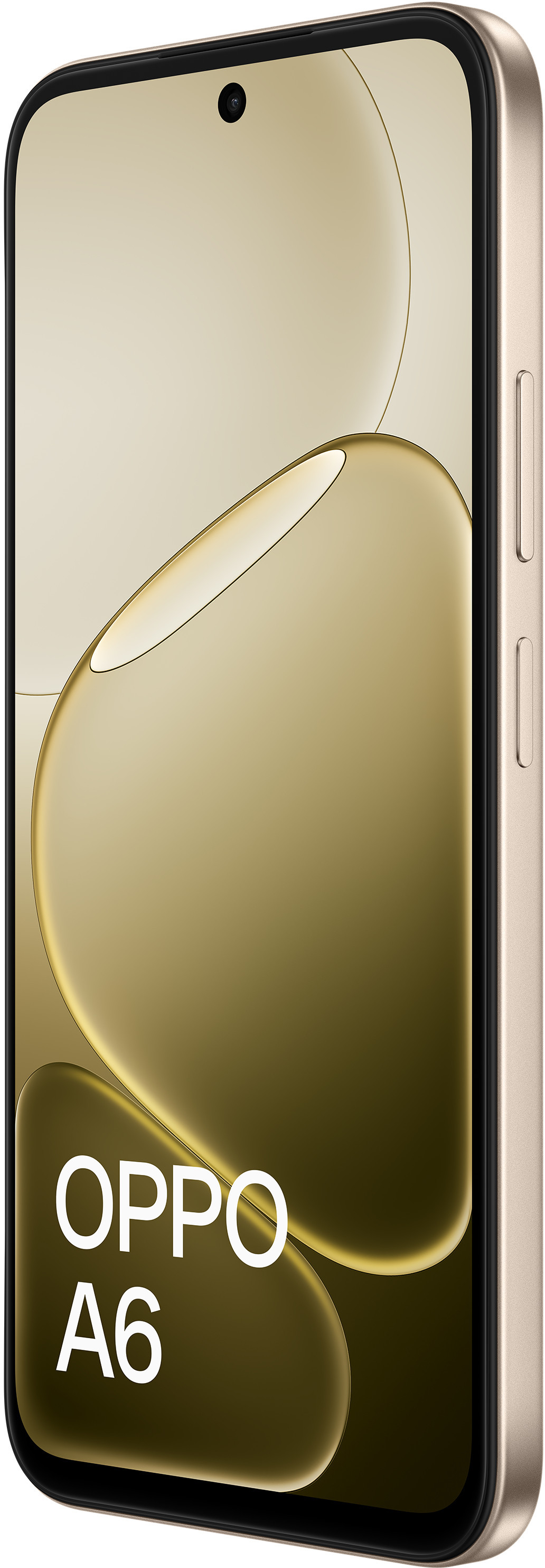 Złoty smartfon OPPO A6 z zaokrąglonymi kształtami na ekranie.