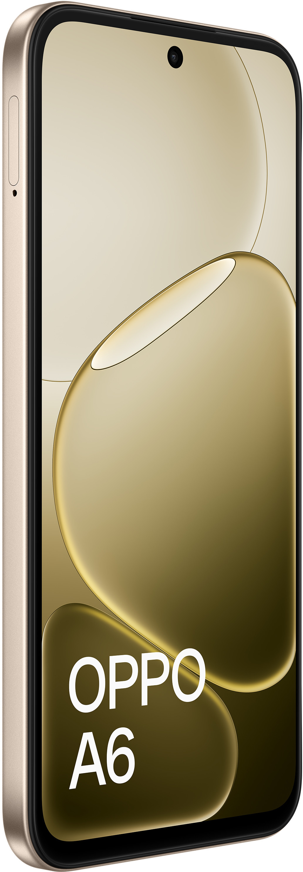 Złoty smartfon OPPO A6 z okrągłymi, błyszczącymi elementami na ekranie.