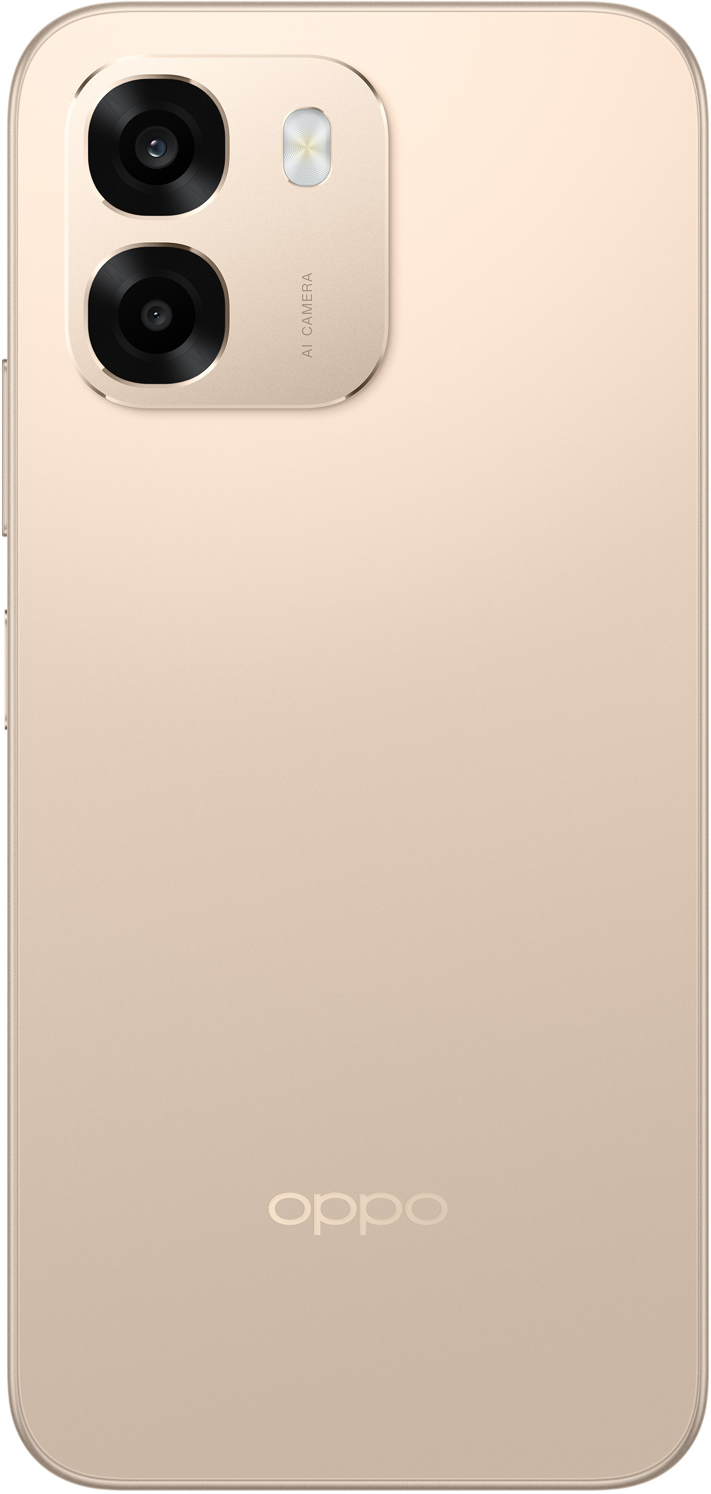 Tył jasnego złotego smartfona z podwójnym aparatem i logo OPPO.