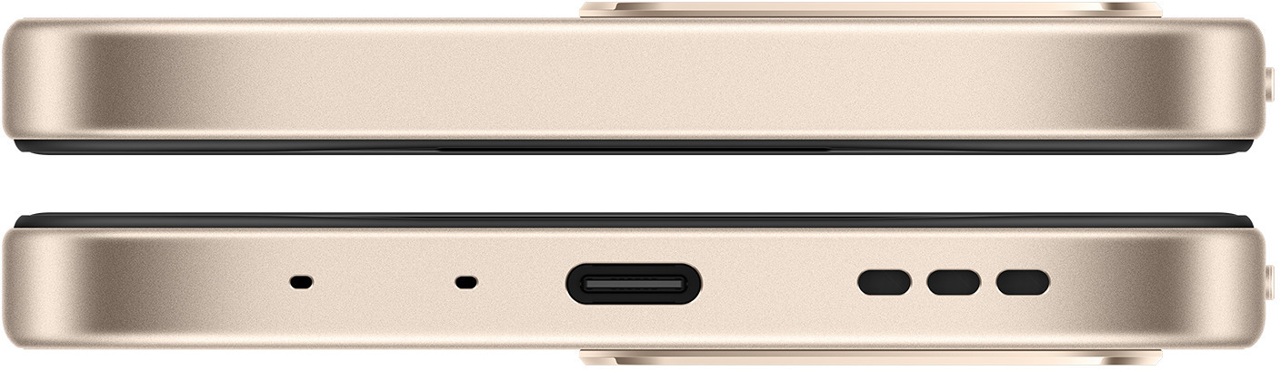 Złoty spód telefonu z portem USB-C i trzema otworami głośnikowymi.