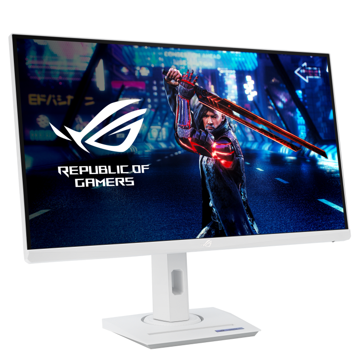 Egy férfi karddal egy monitoron a ROG logóval és 