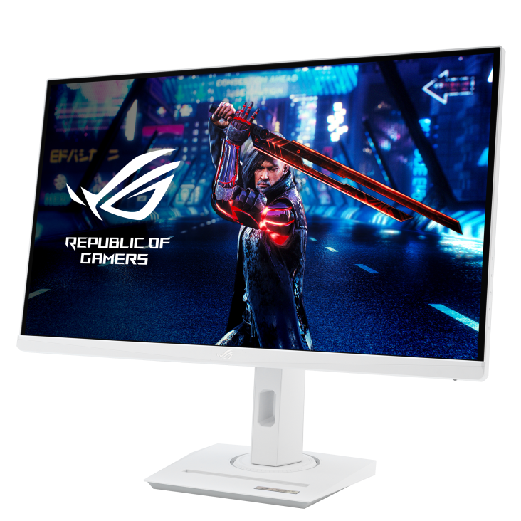 Egy monitor egy játékot jelenít meg egy kardos férfival és a ROG logóval.