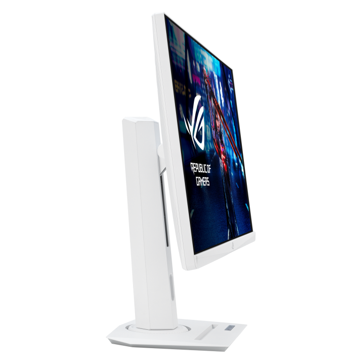 Fehér gamer monitor, jobbra döntve, futurisztikus városképet mutat logóval és szöveggel sötét háttéren.
