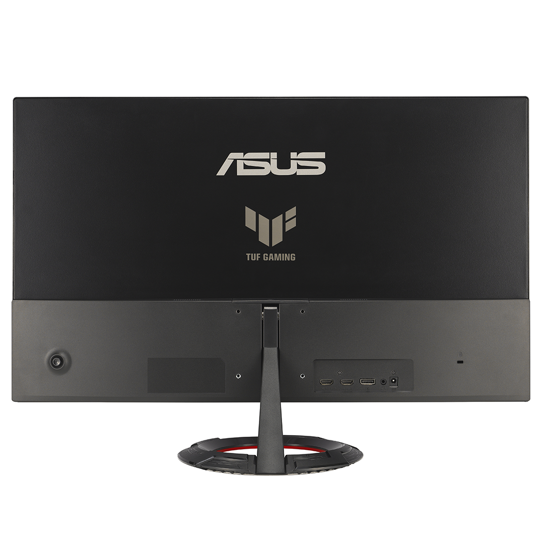 Fekete Asus TUF Gaming monitor hátulja portokkal és ezüst logóval.