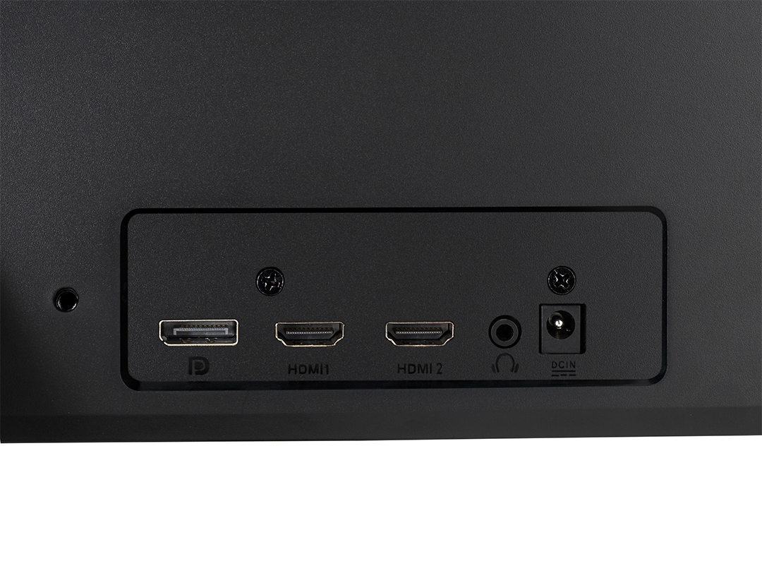 Csatlakozópanel USB-C, HDMI 1, HDMI 2, fejhallgató-csatlakozó és DC-IN.