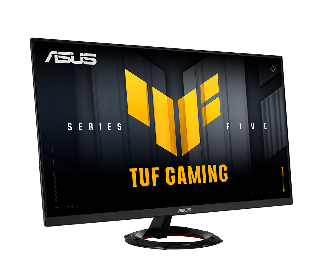 Egy Asus TUF Gaming monitor sárga logóval és fekete állvánnyal.