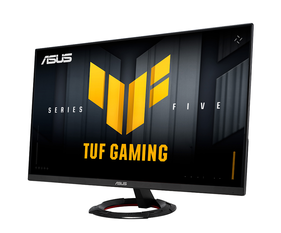 Egy Asus gamer monitor sárga logóval és felirattal fekete háttéren.