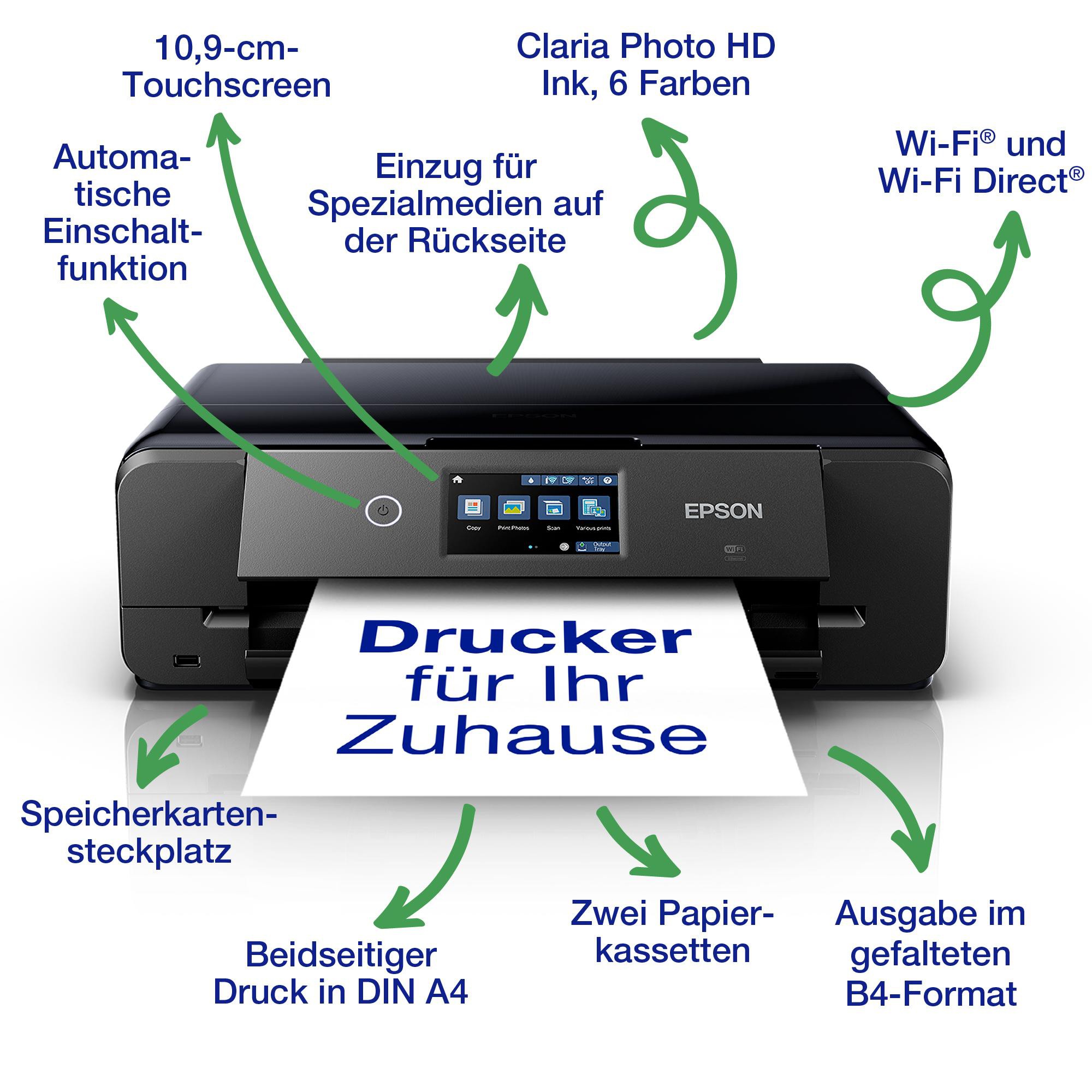 Ein schwarzer Epson Drucker mit Touchscreen, der für Zuhause beworben wird.