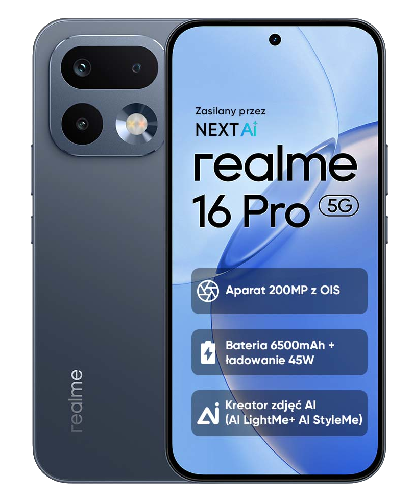 Szary telefon Realme 16 Pro 5G z aparatem 200MP, baterią 6500mAh.