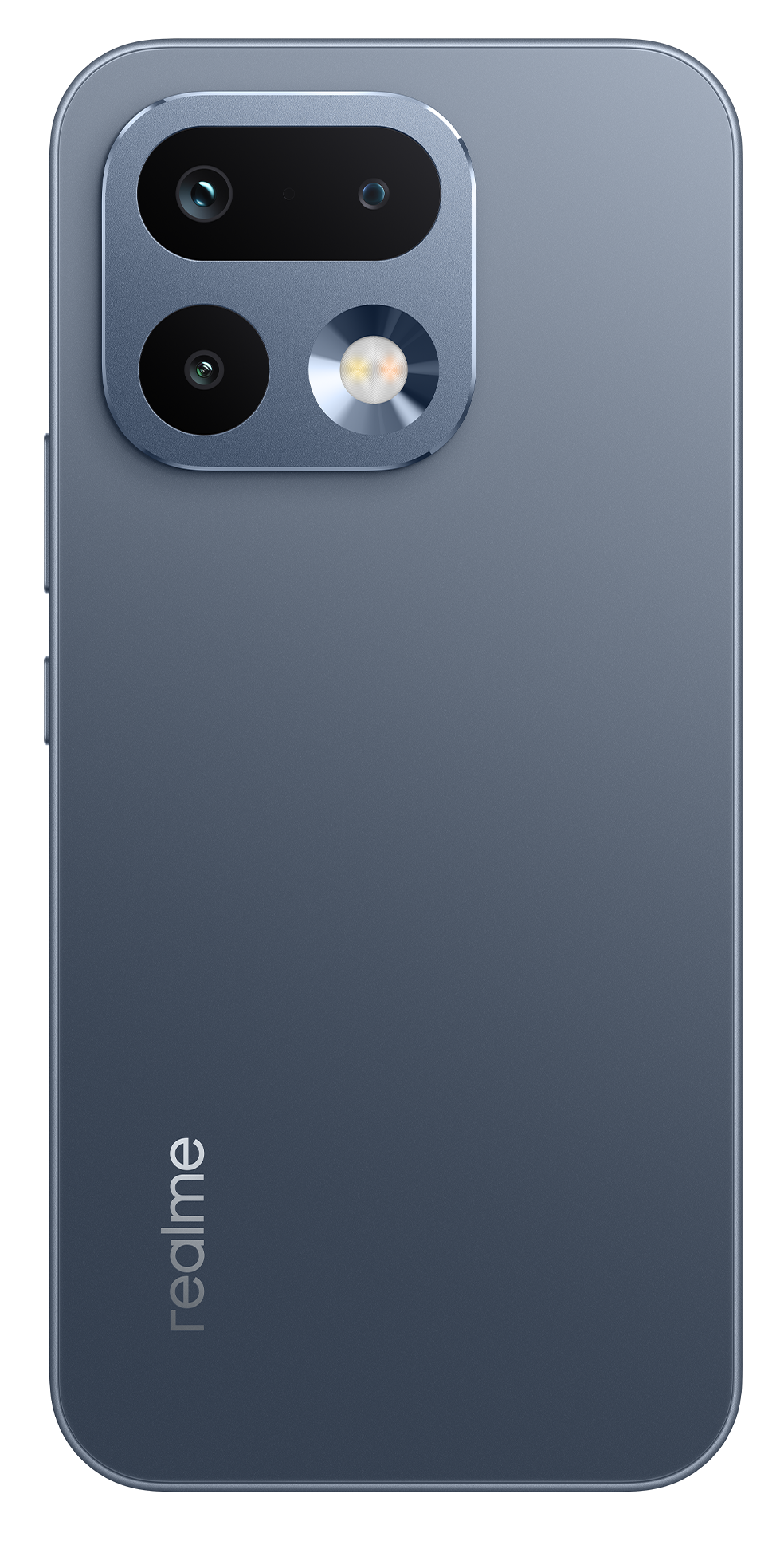 Tył niebieskiego smartfona z trzema aparatami i logo Realme.