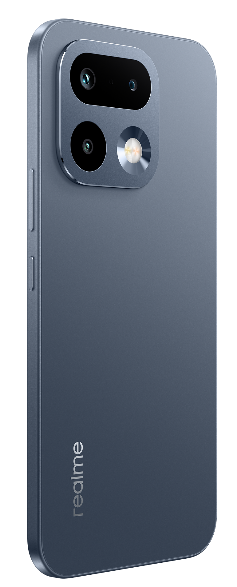 Tył niebieskiego smartfona z potrójnym aparatem i lampą błyskową.