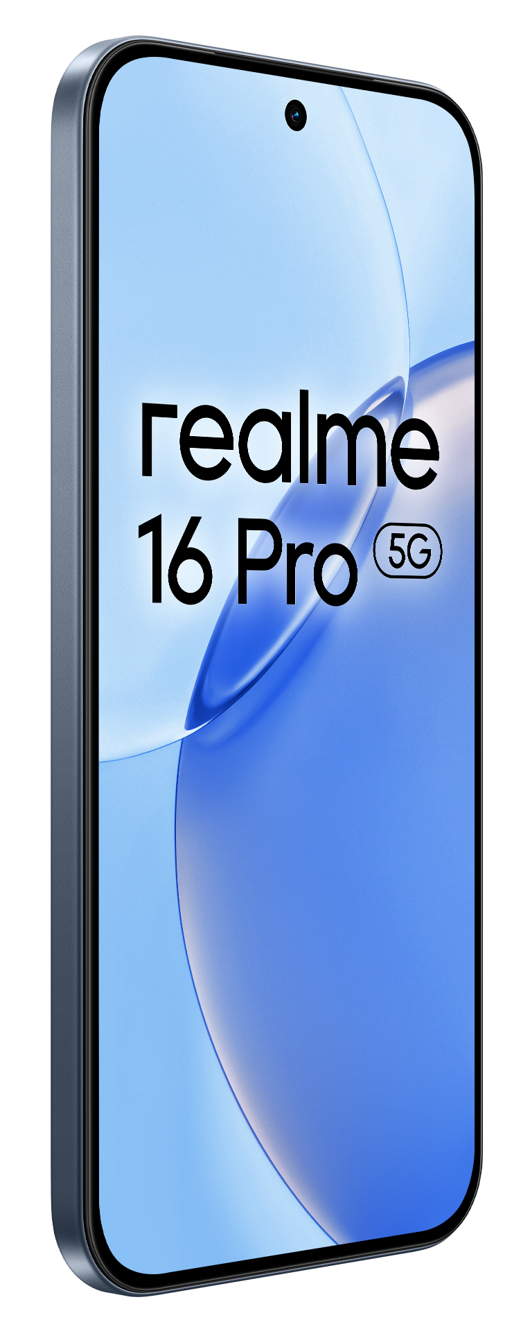 Smartfon Realme 16 Pro 5G na niebieskim tle.