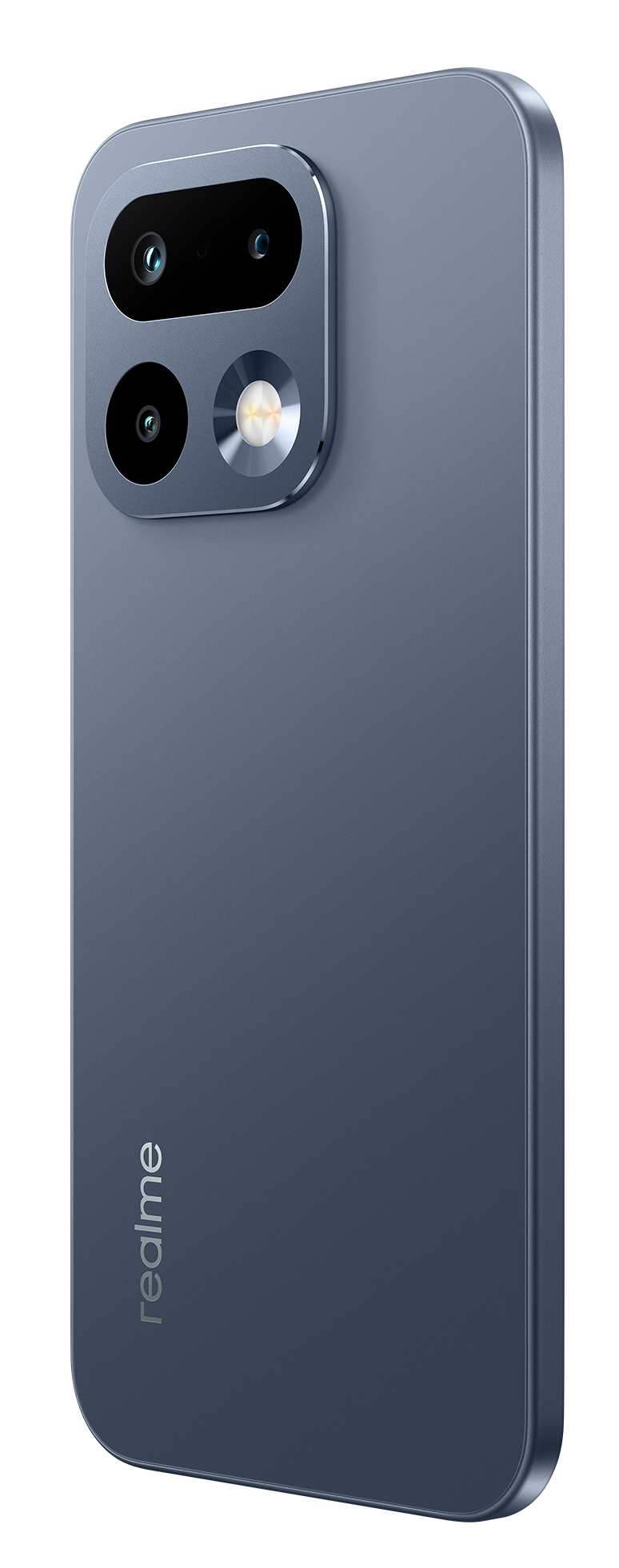 Tył niebieskiego smartfona z trzema aparatami i logo Realme.