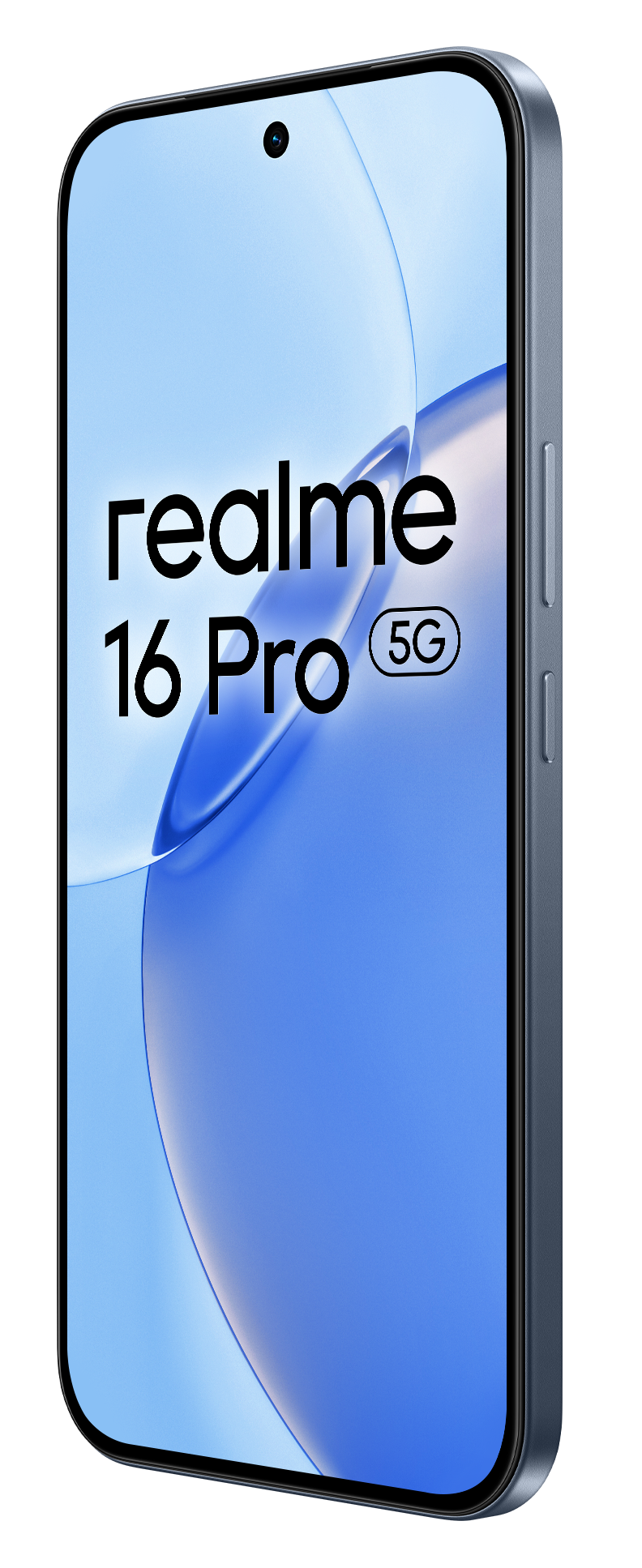 Smartfon Realme 16 Pro 5G w kolorze ciemnoniebieskim z niebieskim tłem.