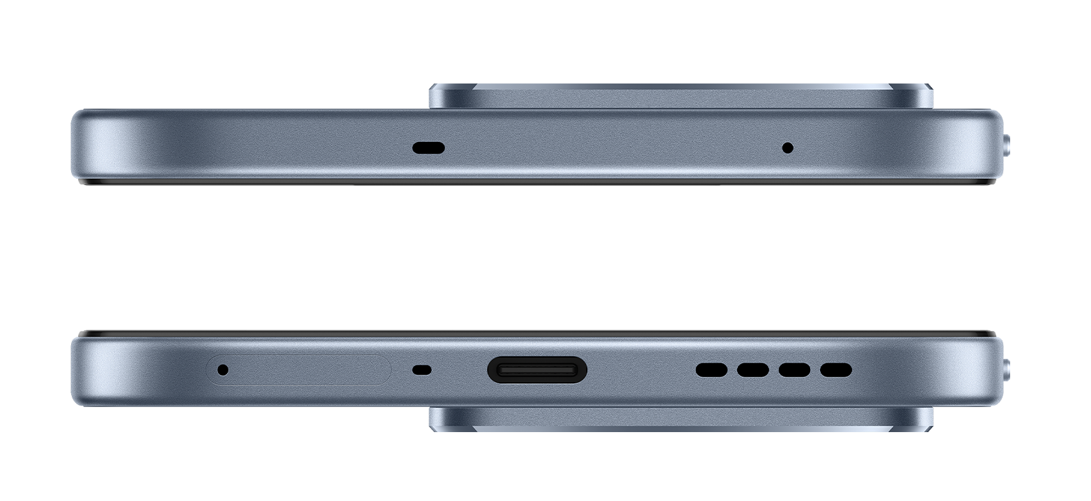 Góra i dół: zbliżenie na krawędzie niebiesko-szarego smartfona z portami.