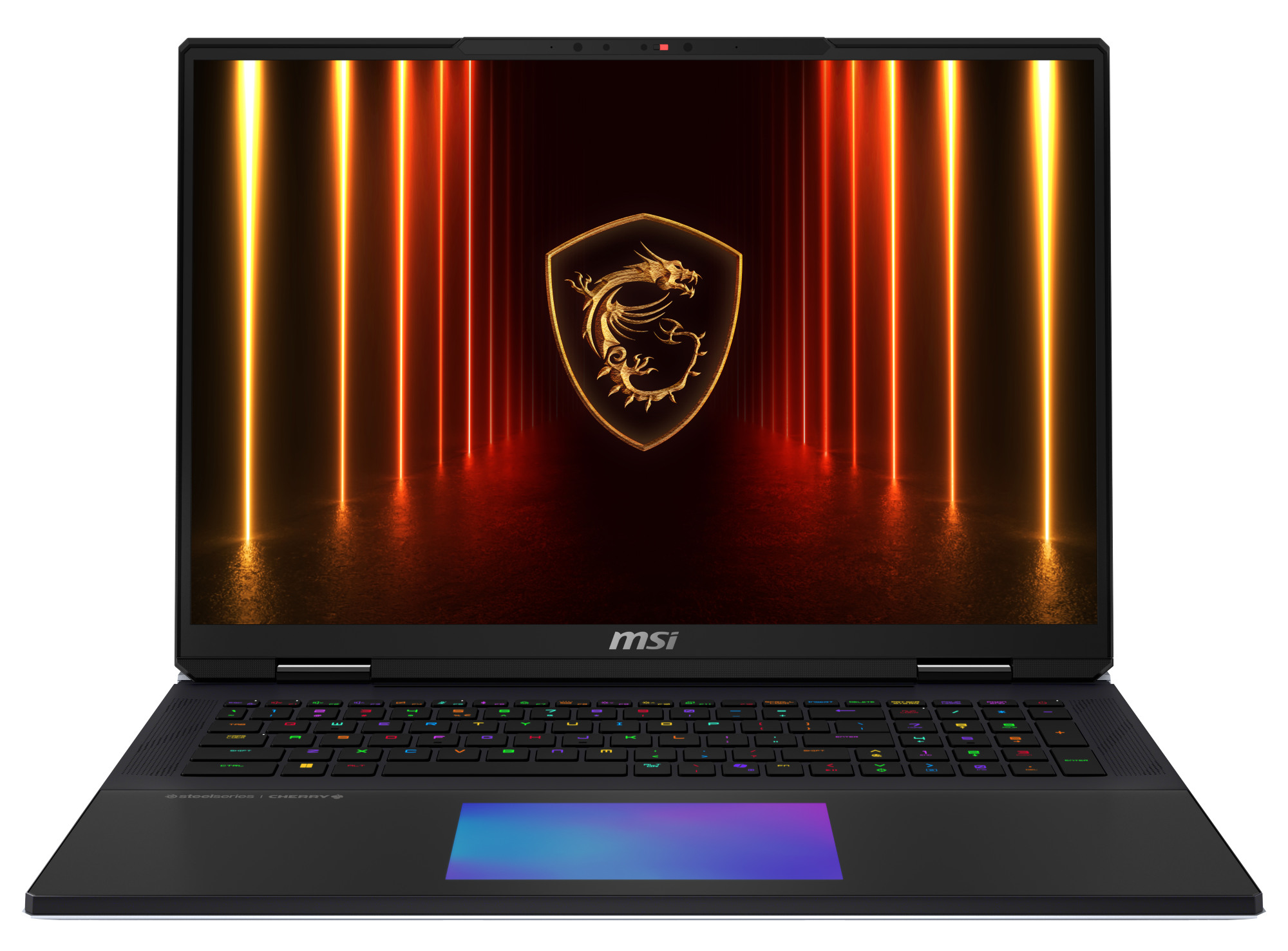 Otwarty czarny laptop MSI z podświetlaną klawiaturą i touchpadem. Ekran pokazuje złote logo smoka.