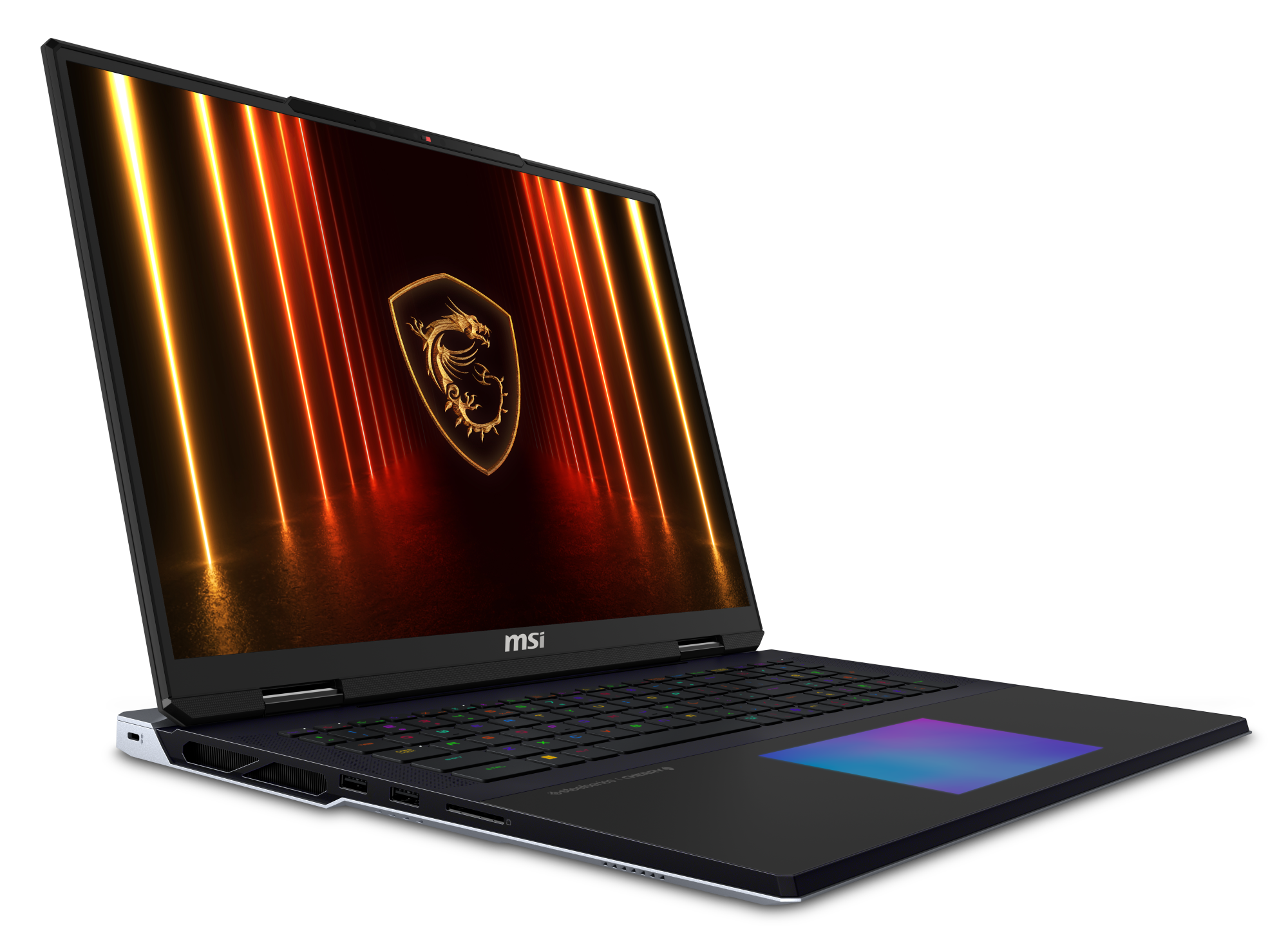 Otwarty laptop MSI z podświetlanym logo smoka i neonowymi światłami na ekranie.