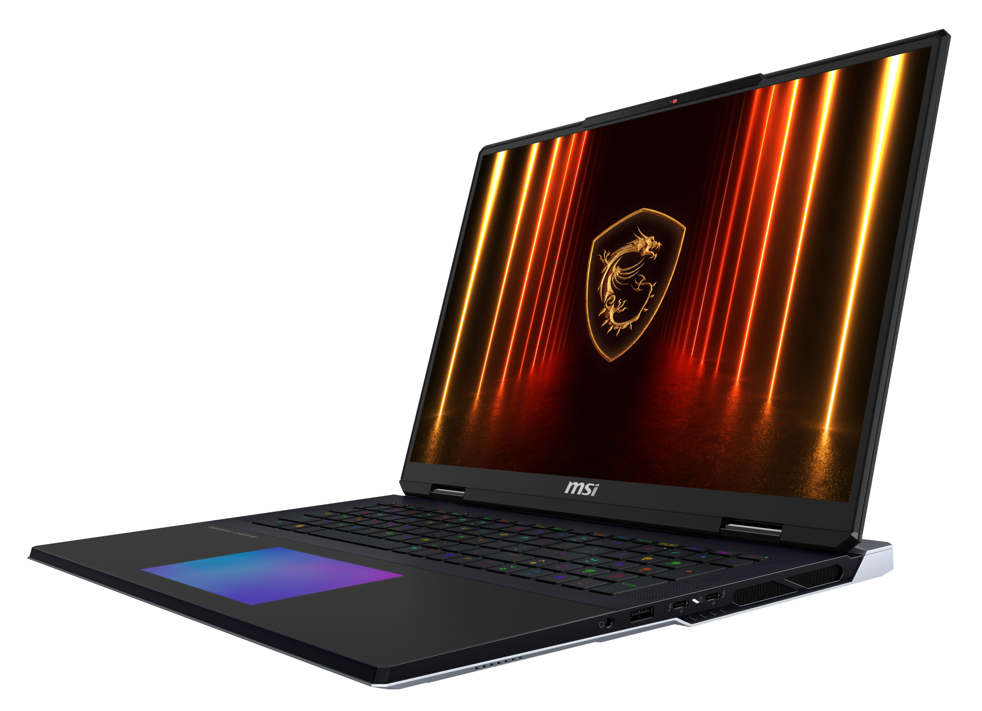 Czarny laptop MSI ze świecącym logo smoka i klawiaturą RGB.