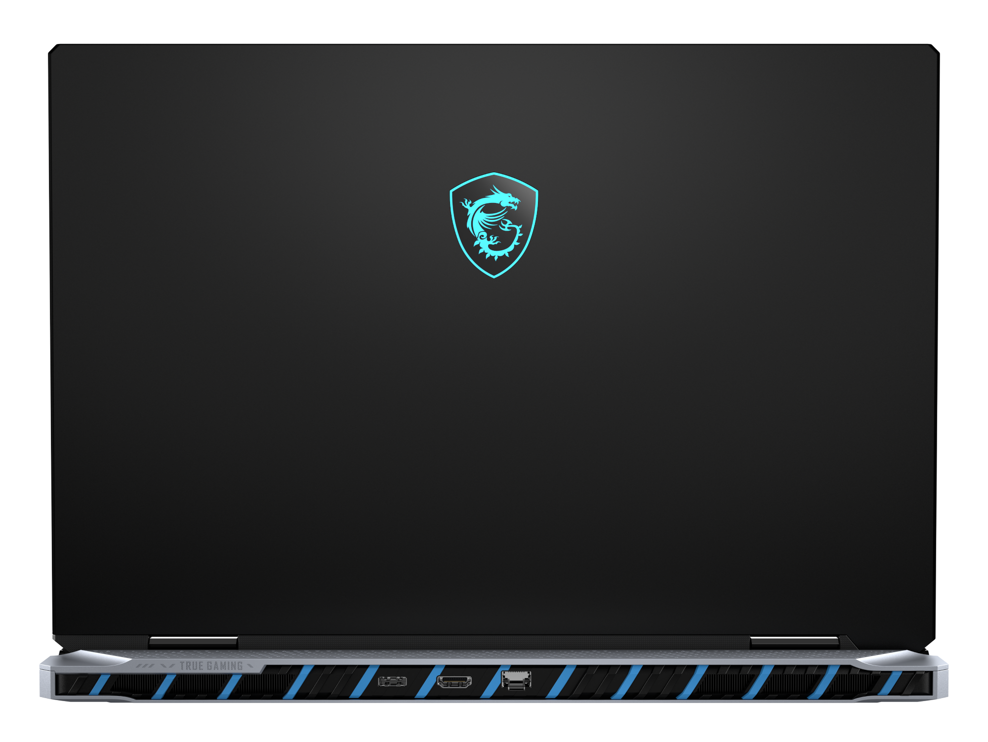 Czarny laptop z podświetlanym niebieskim logo smoka MSI i portami na dolnej krawędzi.