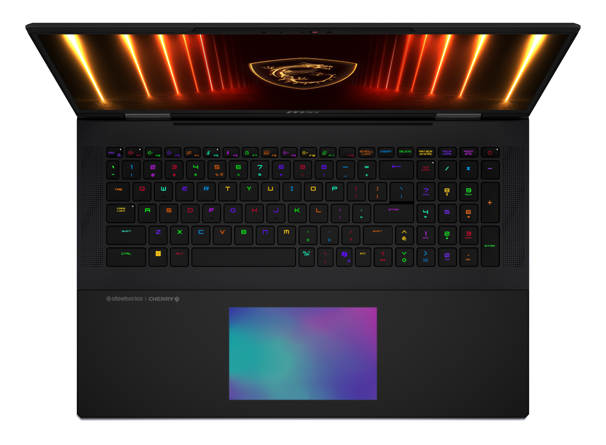 Otwarty czarny laptop z podświetlaną klawiaturą i logo MSI na ekranie.