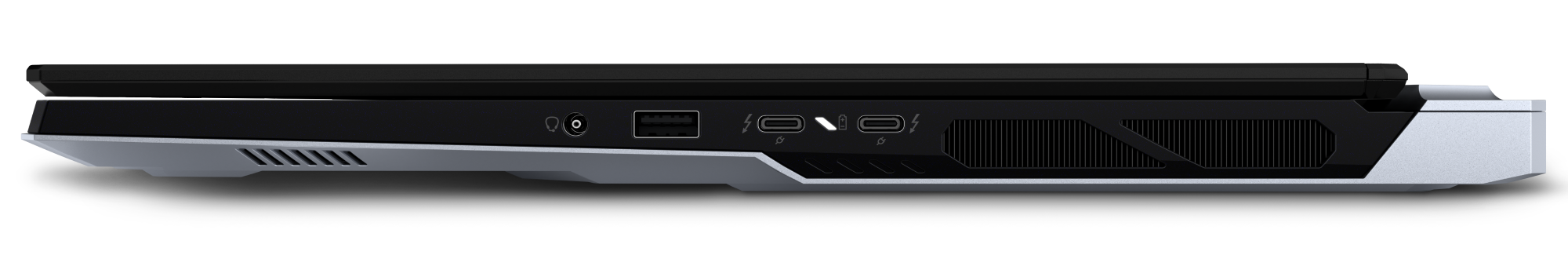 Bok czarnego laptopa z portami: słuchawki, USB-A, 2x USB-C/Thunderbolt.