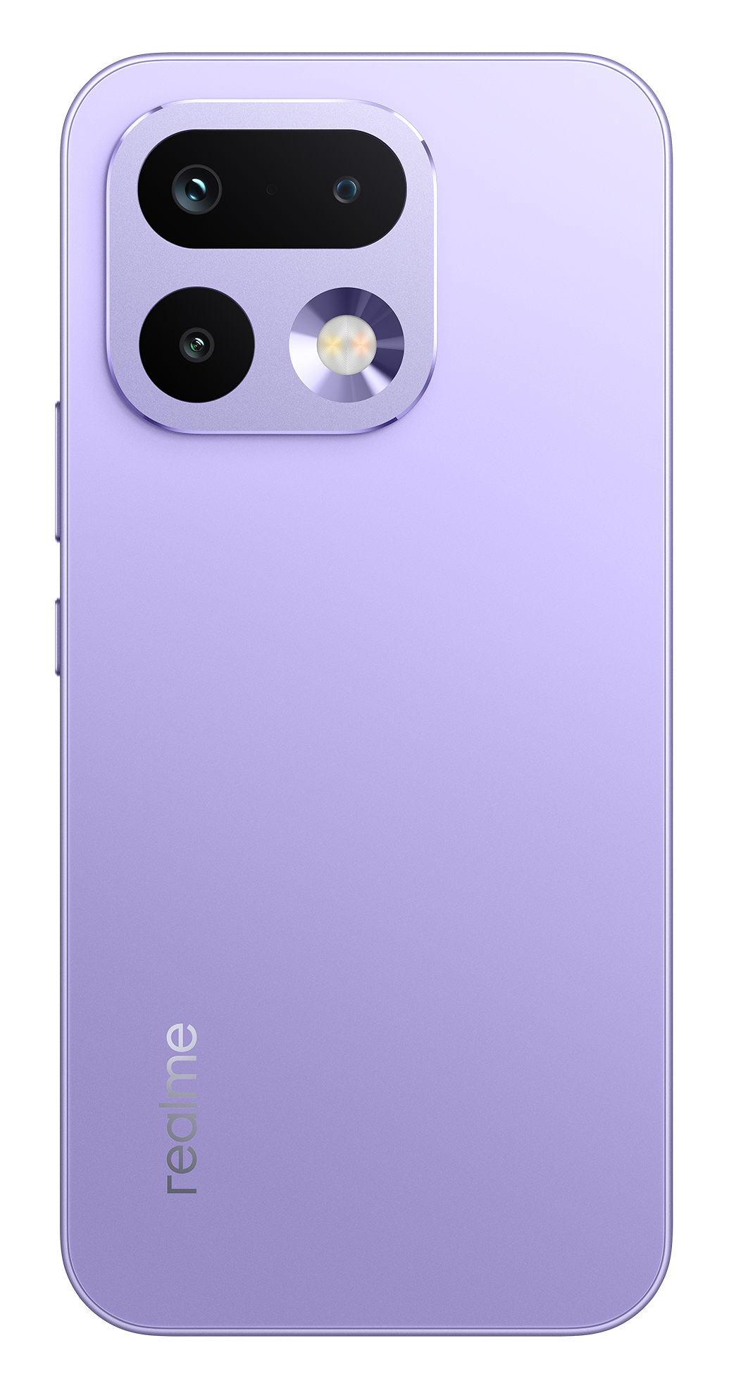 Fioletowy tył smartfona z trzema obiektywami i lampą błyskową.