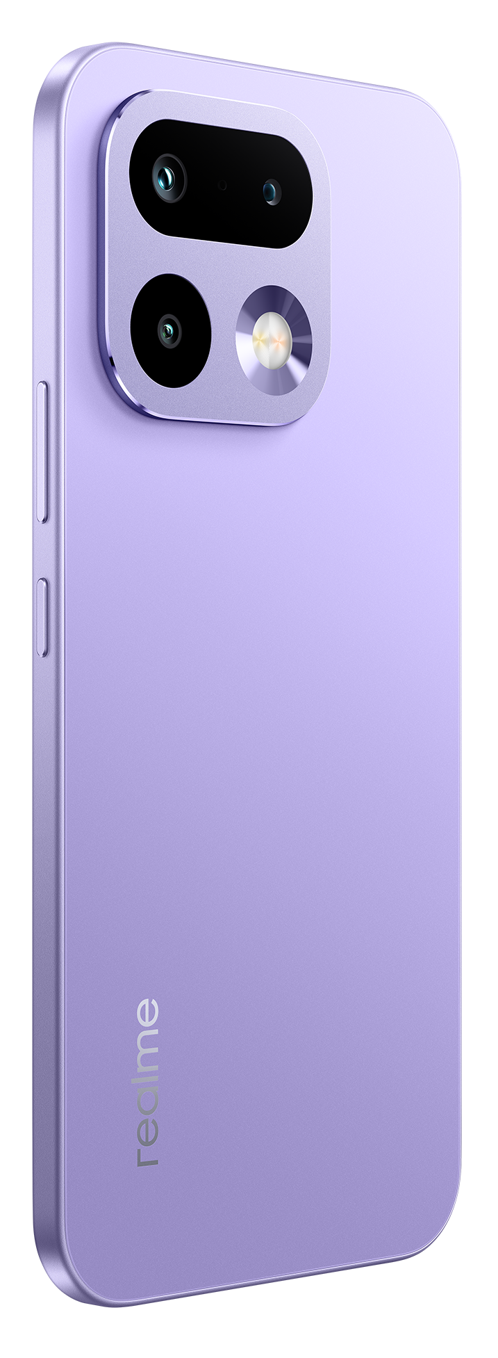 Tył fioletowego smartfona z modułem aparatu i logo Realme.