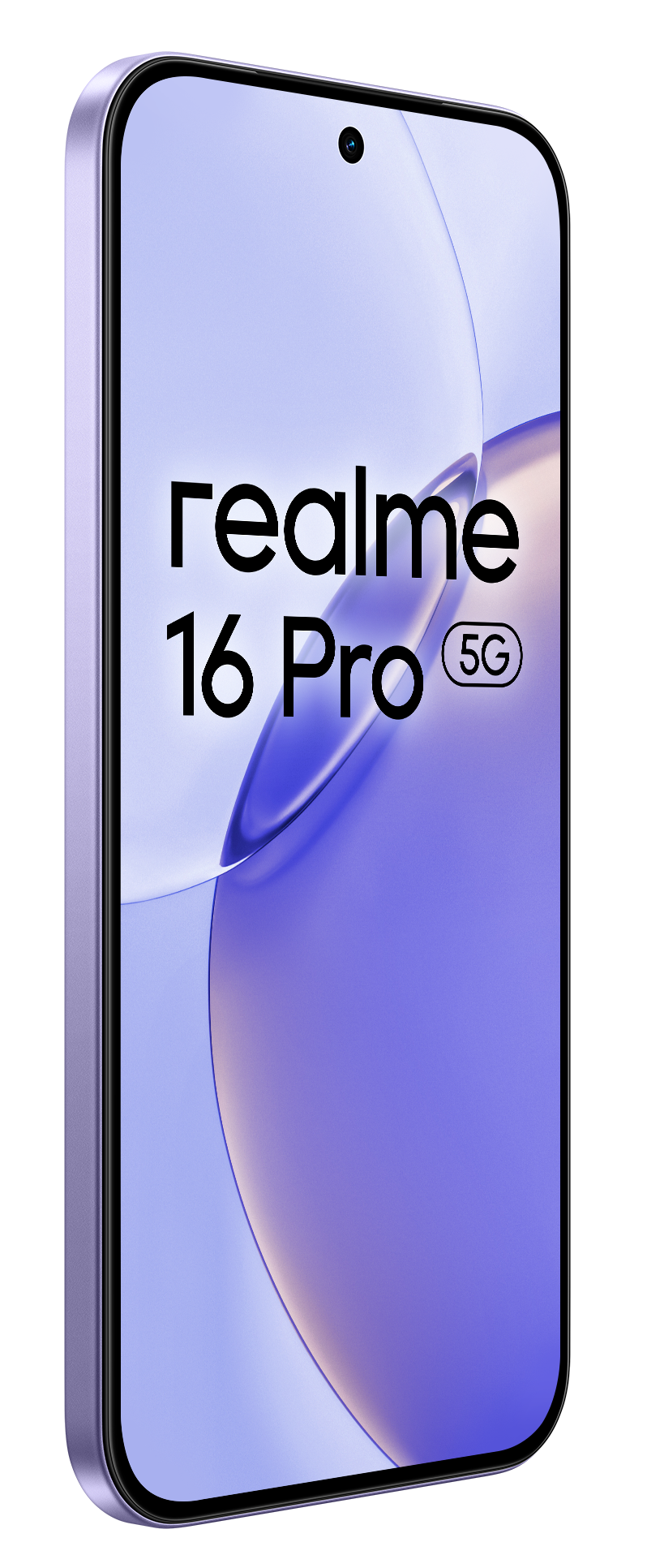 Fioletowy smartfon Realme 16 Pro 5G z przednim aparatem i stylowym tłem.