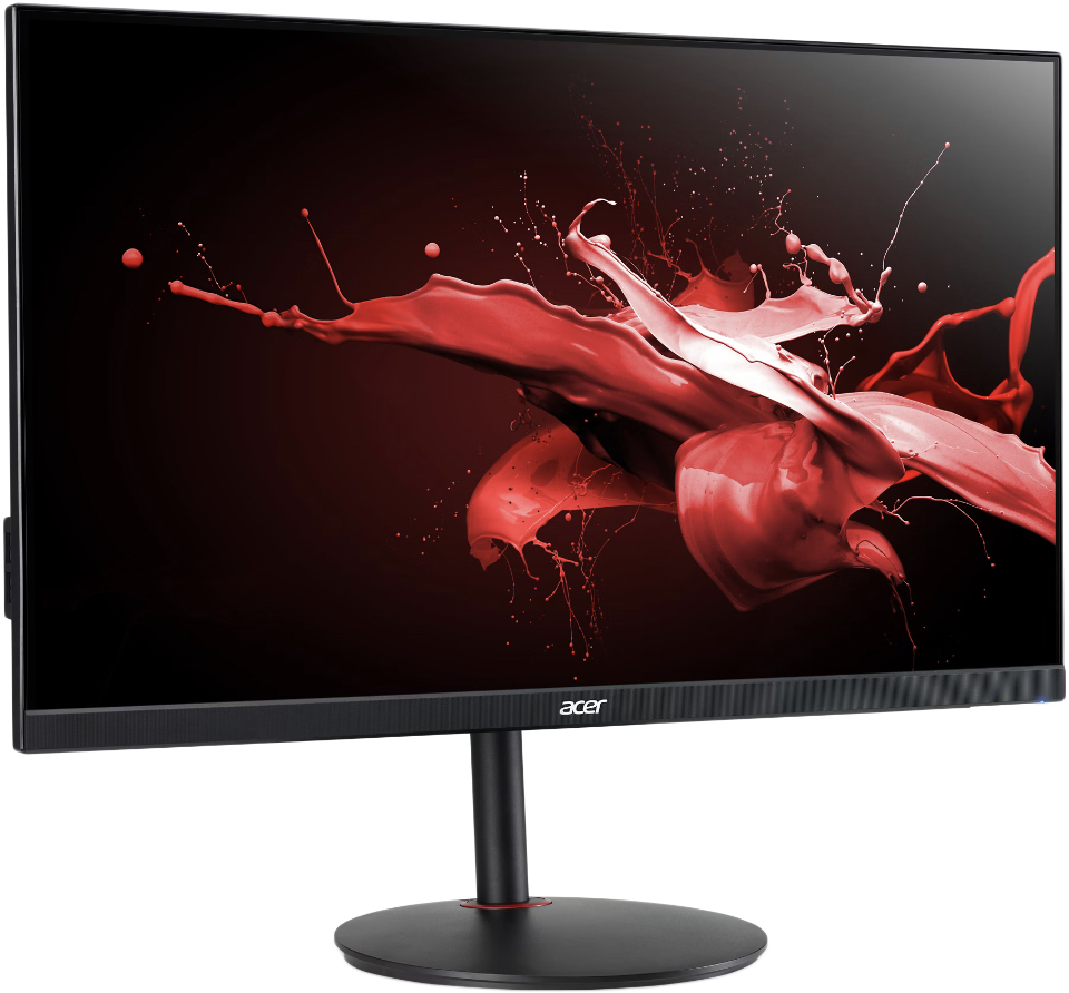 Egy Acer monitor dinamikus vörös festékfröccsenés háttérképpel.