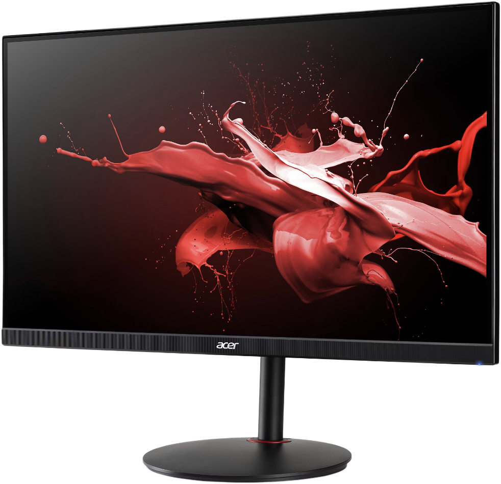 Acer monitor, dinamikus piros festékfröccsenés háttérképpel.