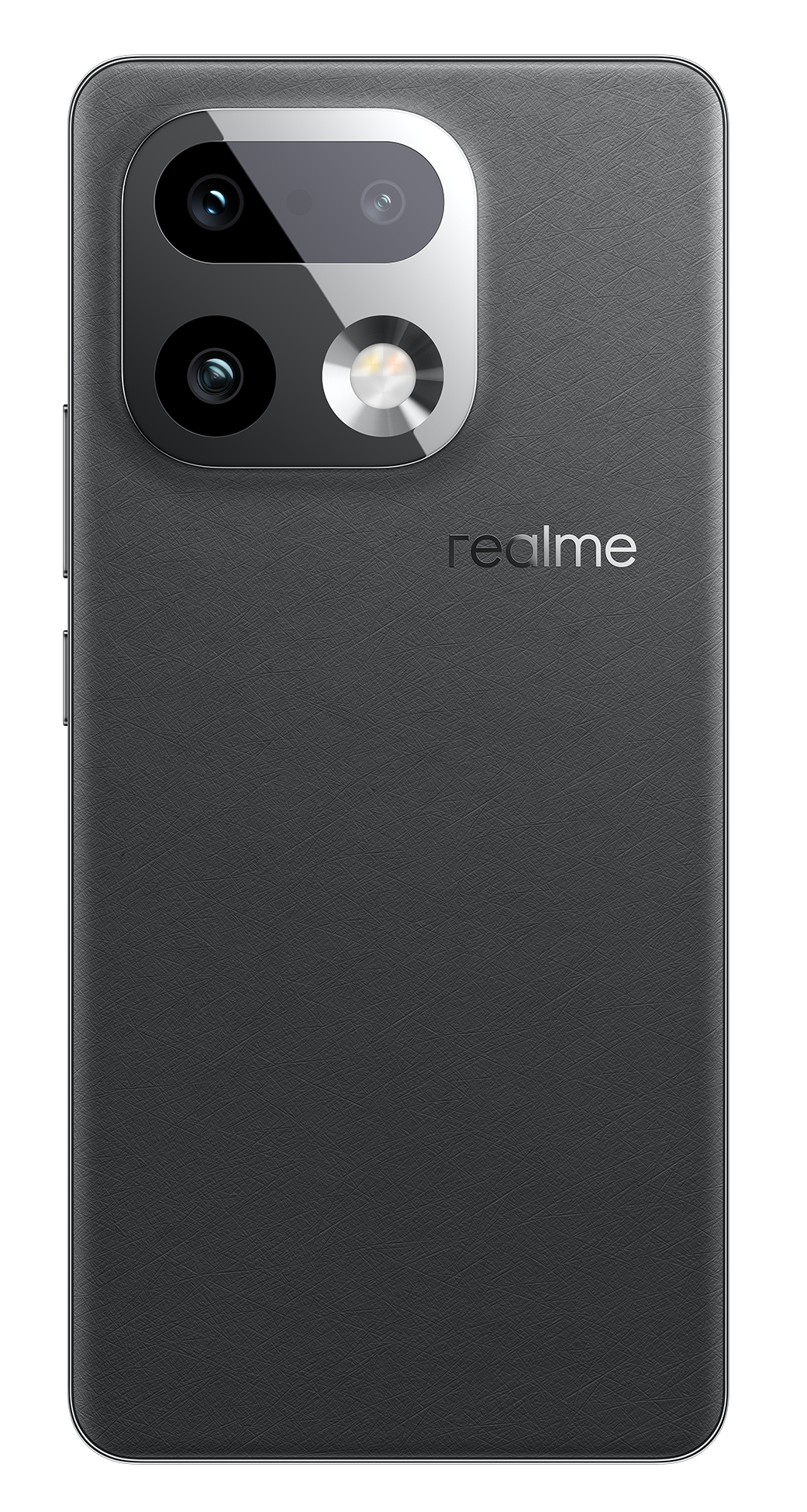 Tył czarnego smartfona z potrójnym aparatem i logo Realme.