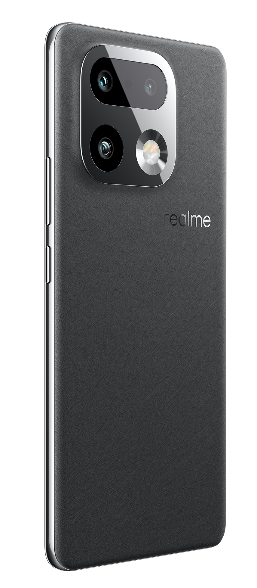 Tył czarnego smartfona Realme z trzema aparatami i lampą błyskową.