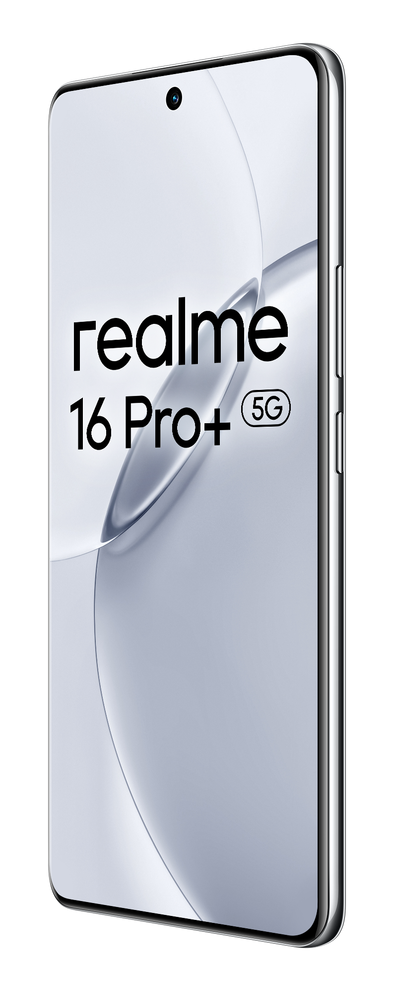 Smartfon Realme 16 Pro+ 5G ze srebrną ramką na białym tle.