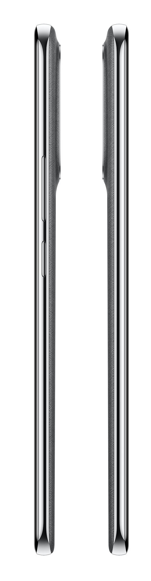 Dwa srebrne smartfony obok siebie, pokazane z boku z przyciskami.