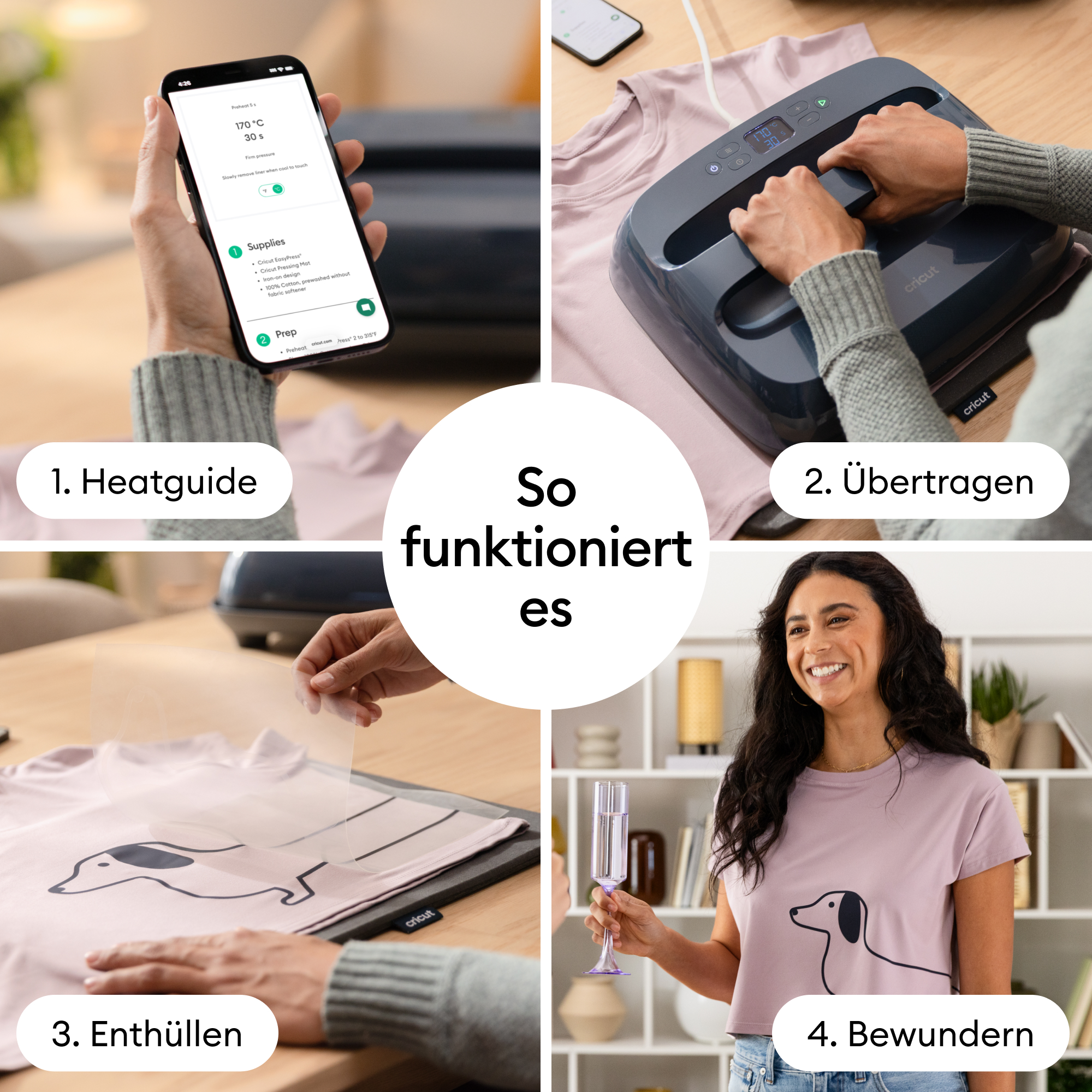 Vier Schritte zum Aufpressen eines Designs auf ein T-Shirt, von Handy-Anleitung bis zum fertigen Produkt.