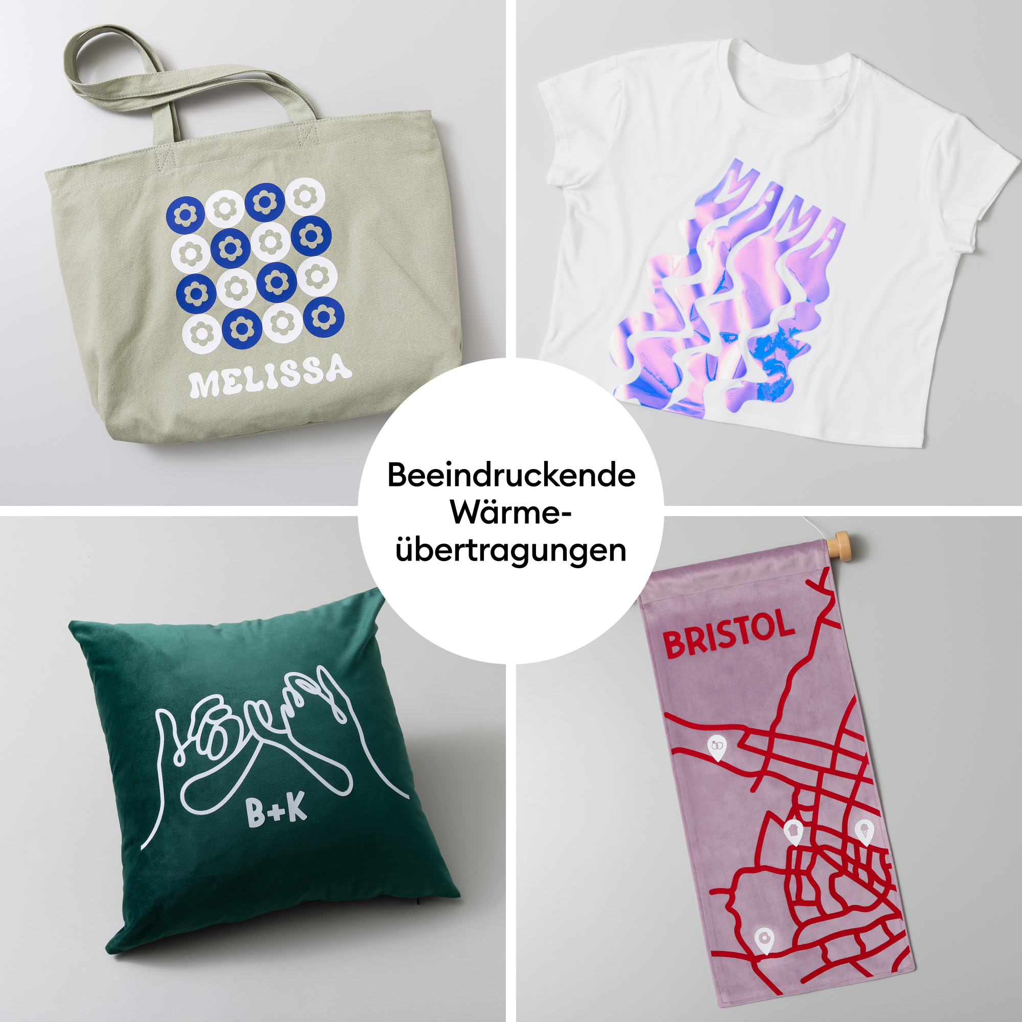 Collage von vier personalisierten Artikeln: Tasche, T-Shirt, Kissen, Stoffbanner.