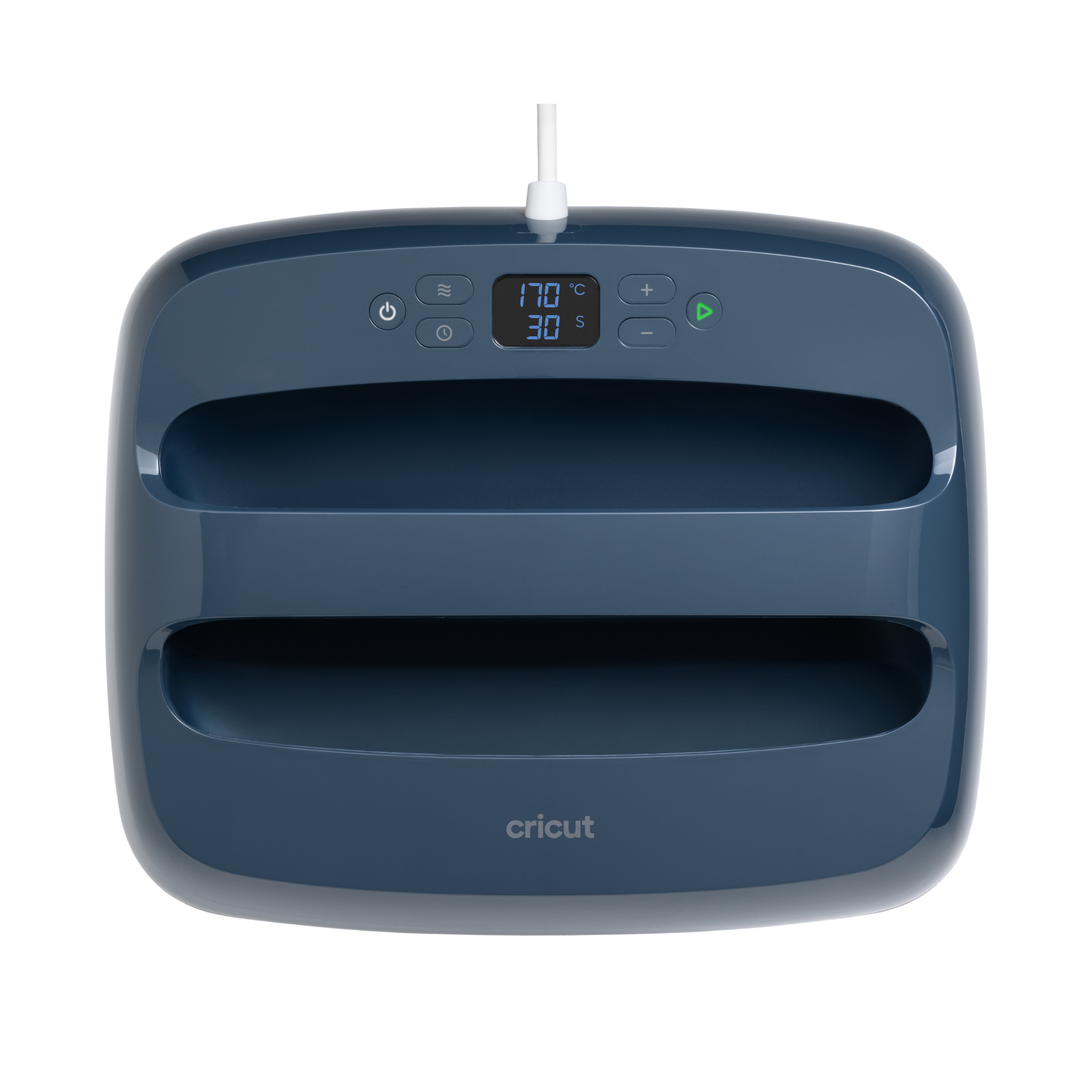 Dunkelblaue Cricut EasyPress mit digitaler Anzeige für 170°C und 30 Sek.
