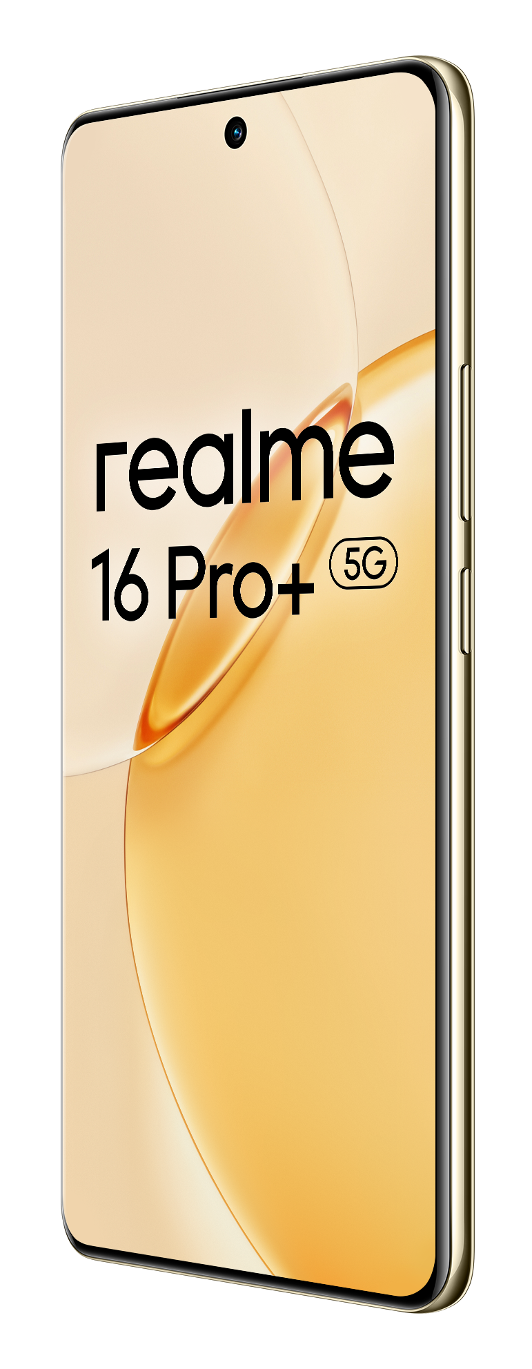 Złoty smartfon Realme 16 Pro+ 5G z czarną ramką i otworem na aparat przedni.