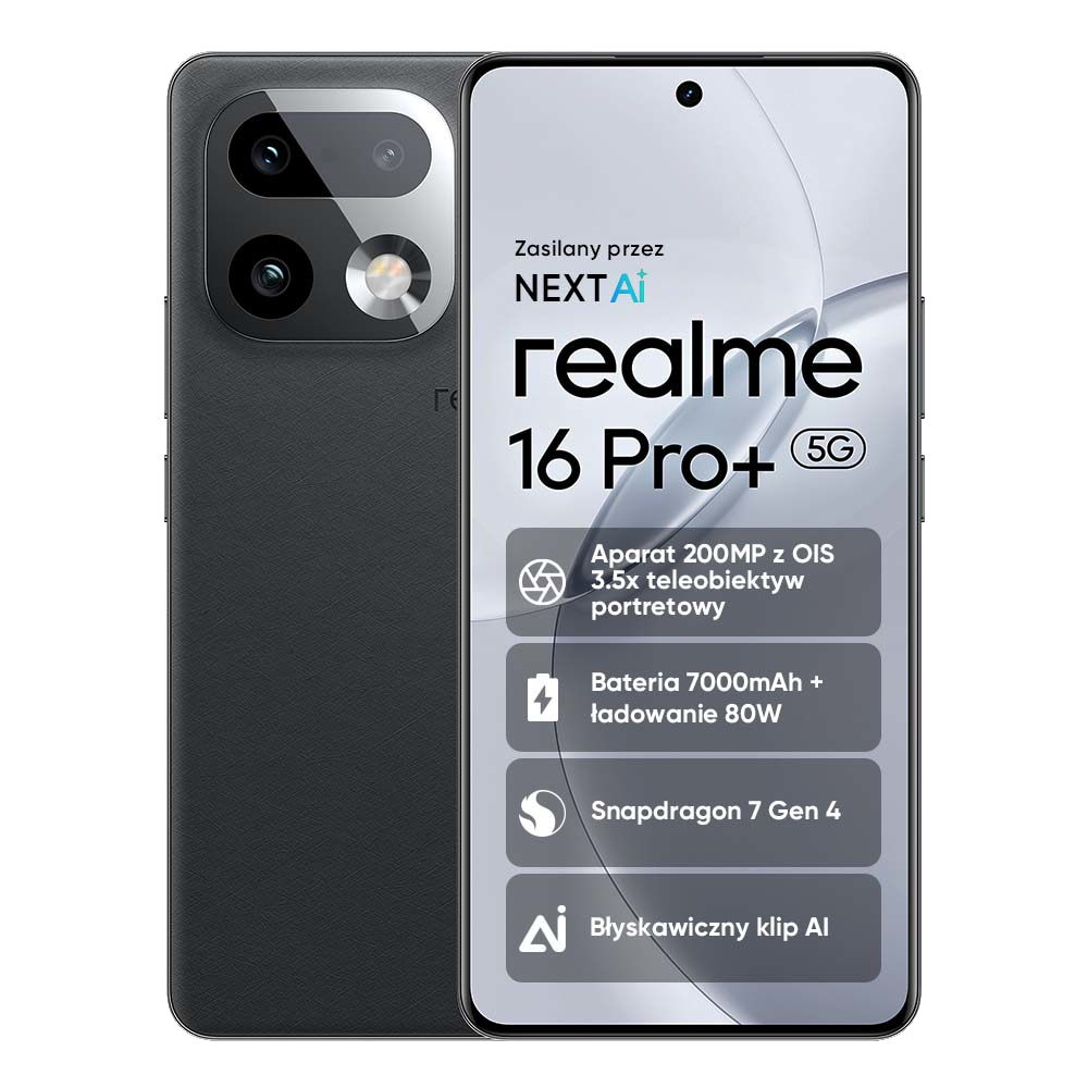 Ciemny smartfon Realme 16 Pro+ 5G wyświetlający aparat i specyfikacje.